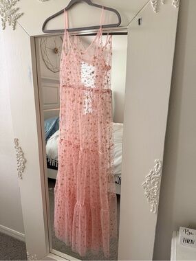 Pink Star-Embellished Mesh Maxi Dress